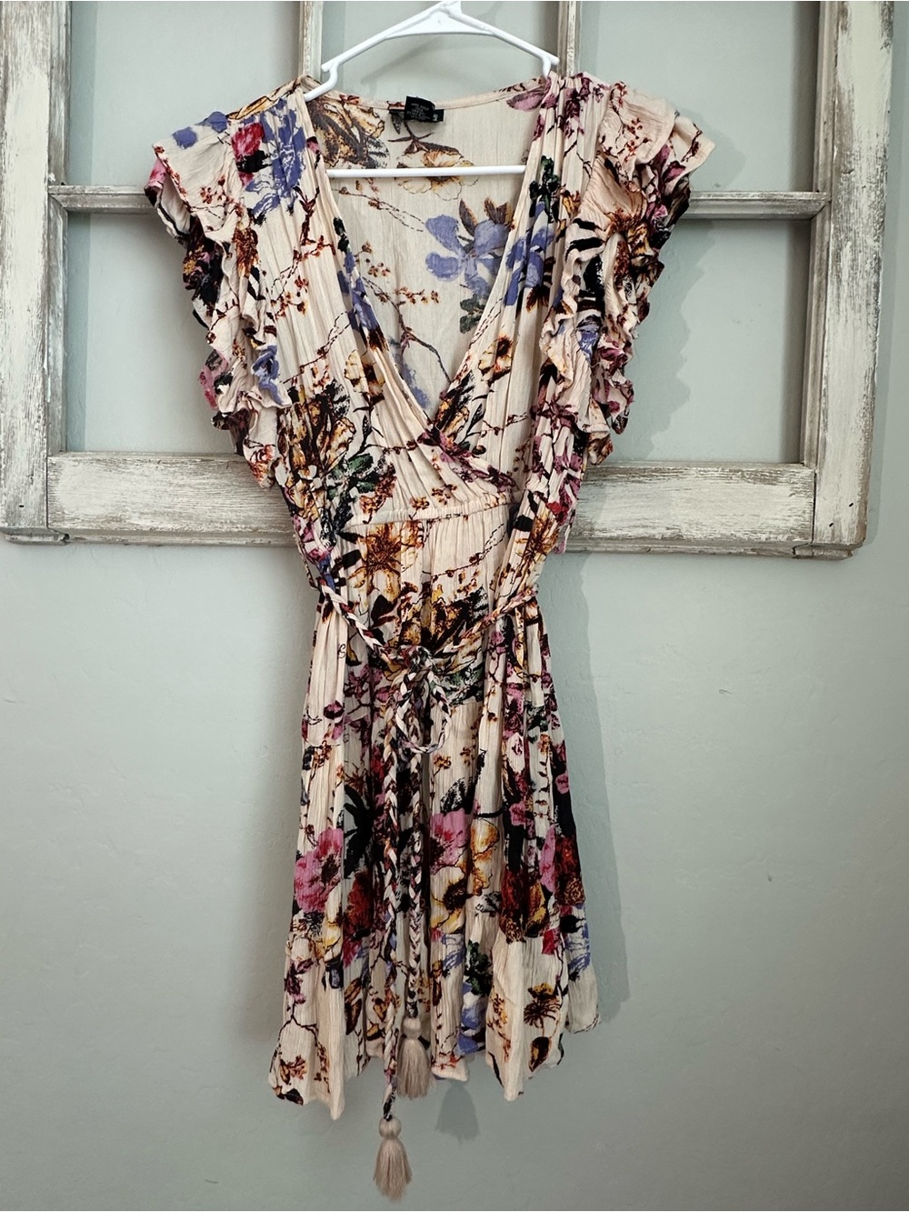 Floral Wrap Mini Dress in Cream Size S